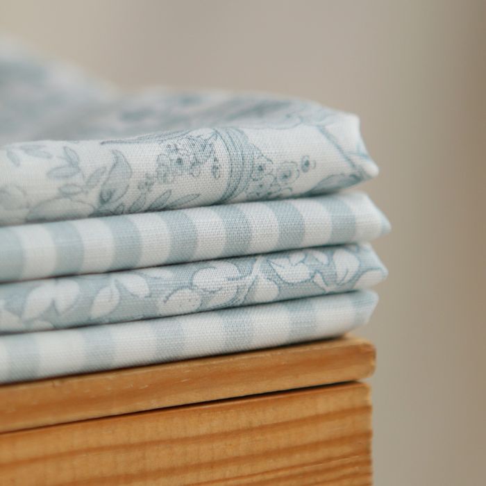 Lucas - Tissu lin coton rayures 6mm blanc lait et bleu brume