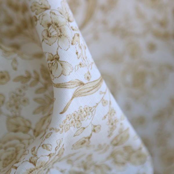 Apolline - Tissu lin coton roses effet toile de Jouy blanc lait et jaune blé