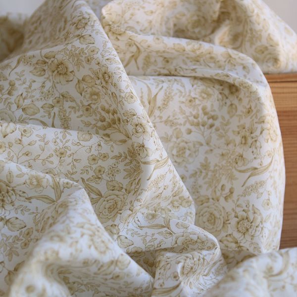 Apolline - Tissu lin coton roses effet toile de Jouy blanc lait et jaune blé 2