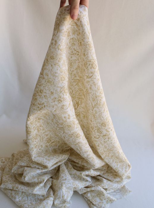 Apolline - Tissu lin coton roses effet toile de Jouy blanc lait et jaune blé