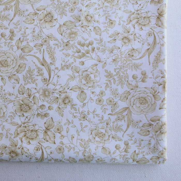 Apolline - Tissu lin coton roses effet toile de Jouy blanc lait et jaune blé