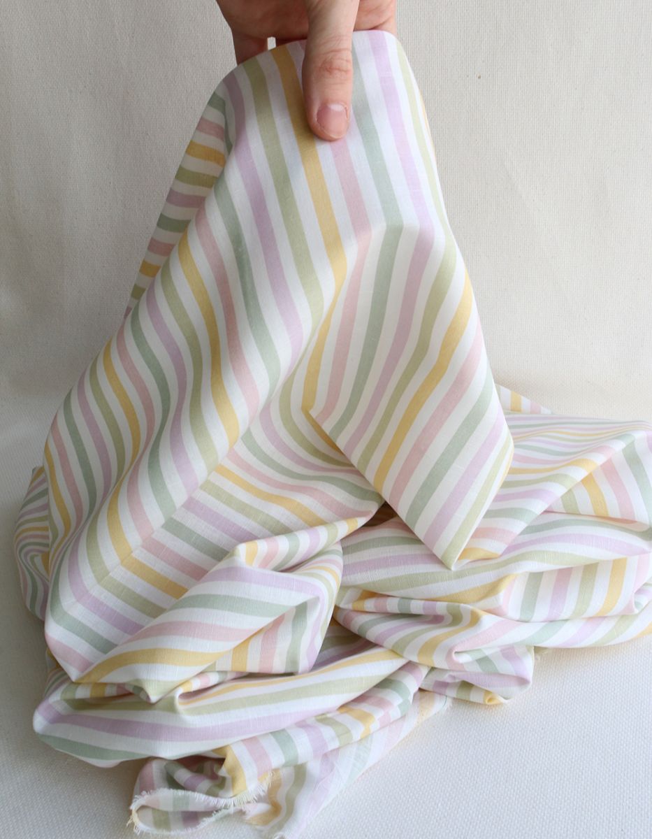 Lucas - Tissu lin coton rayures 6mm multicolores jaune, vert, rose
