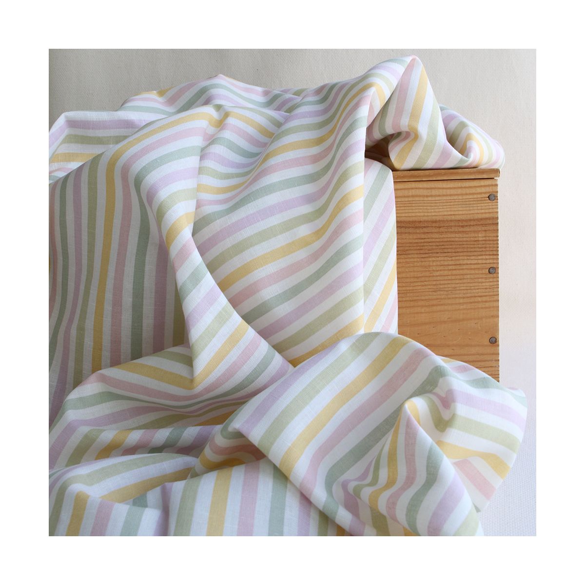 Lucas - Tissu lin coton rayures 6mm multicolores jaune, vert, rose