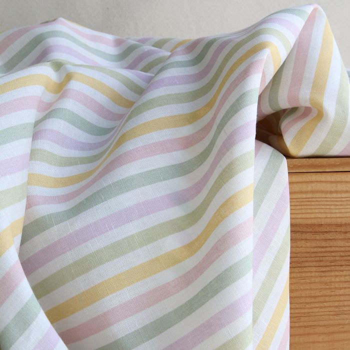 Lucas - Tissu lin coton rayures 6mm multicolores jaune, vert, rose