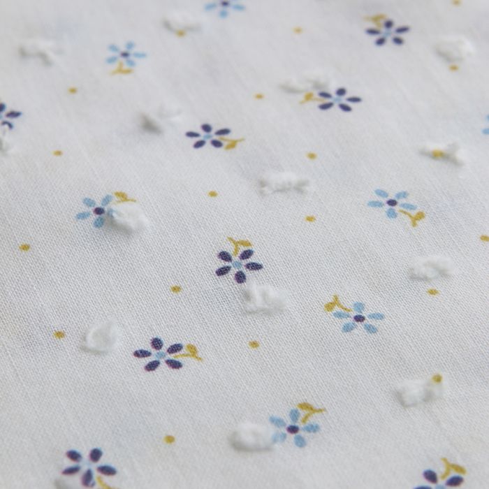 Plumetis de coton BIO petit motif fleuri bleu et pois