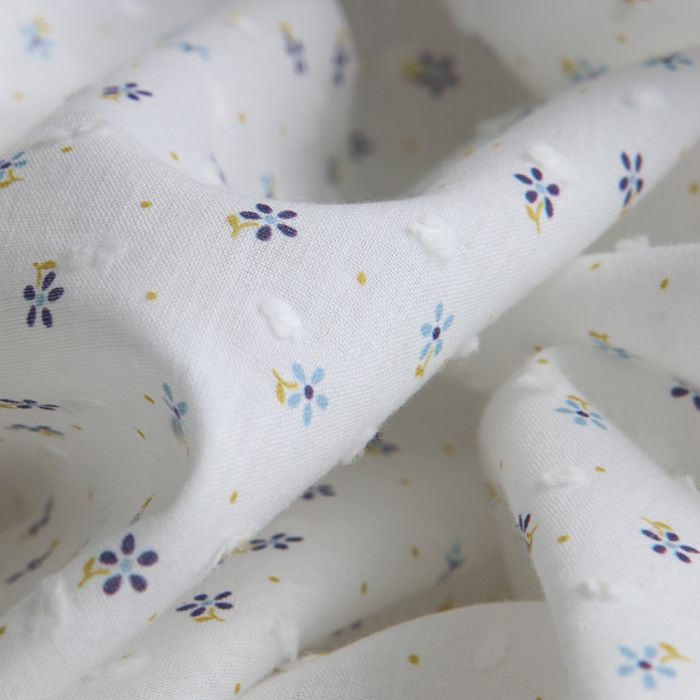 Plumetis de coton BIO petit motif fleuri bleu et pois