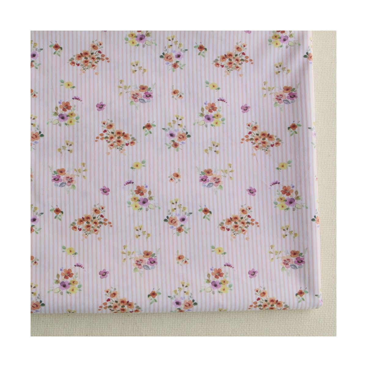 Sacha - Popeline de coton BIO imprimé rayures et fleurs pêche