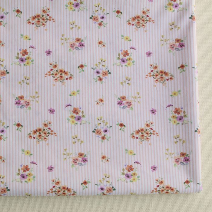 Sacha - Popeline de coton BIO imprimé rayures et fleurs pêche