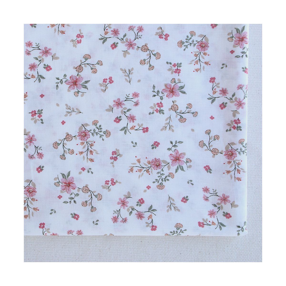 Carmel - Tissu lin coton fond ivoire motif fleuri rose et vert
