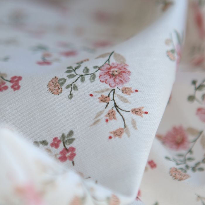 Carmel - Tissu lin coton fond ivoire motif fleuri rose et vert