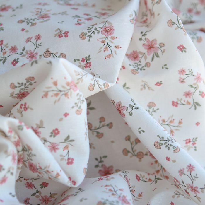 Carmel - Tissu lin coton fond ivoire motif fleuri rose et vert