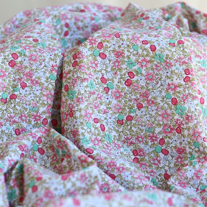 Cerisette - Popeline de coton imprimé fleuri et cerises