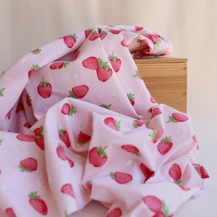 Cirafine - Popeline de coton imprimé rayures et fraises