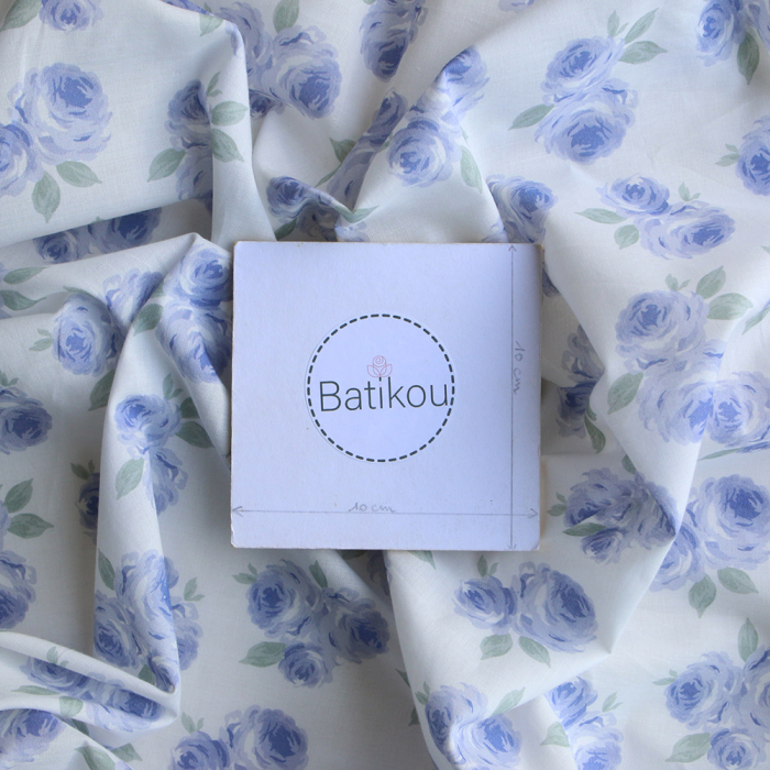 Tissu coton organique BIO fleuri vintage batiste fleuri Assia aquarelle bleu