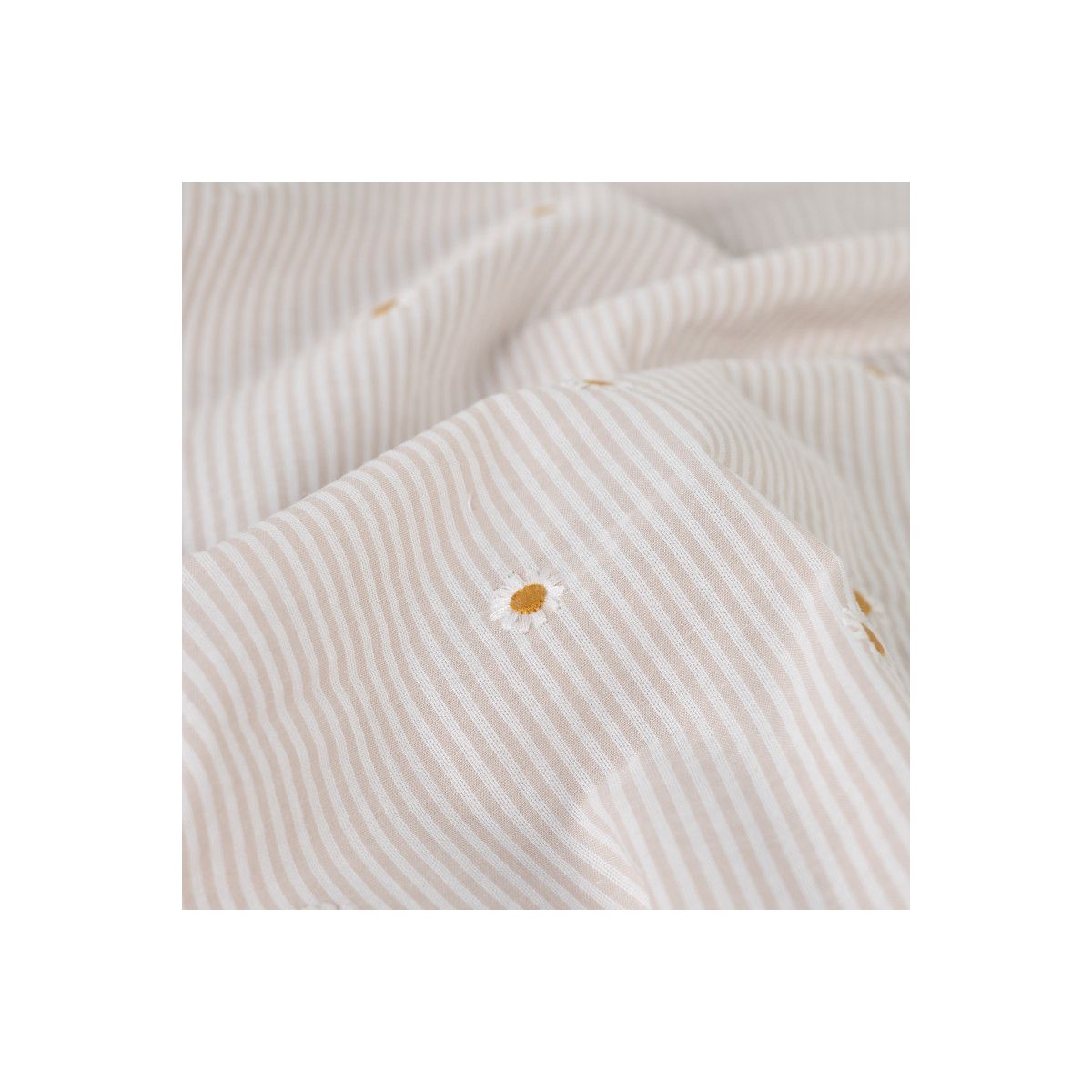 Seersucker / Coton gaufré rayé blanc et beige sable broderie marguerite