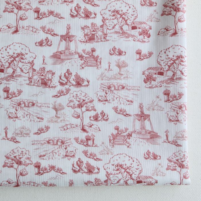 Eleonore - Tissu coton texturé imprimé toile de Jouy coloris lie de vin