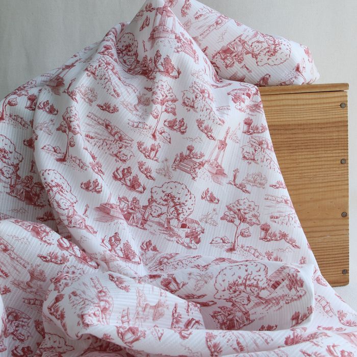 Eleonore - Tissu coton texturé imprimé toile de Jouy coloris lie de vin