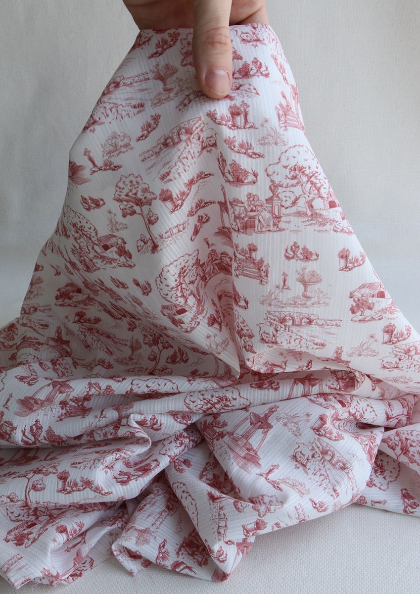 Eleonore - Tissu coton texturé imprimé toile de Jouy coloris lie de vin
