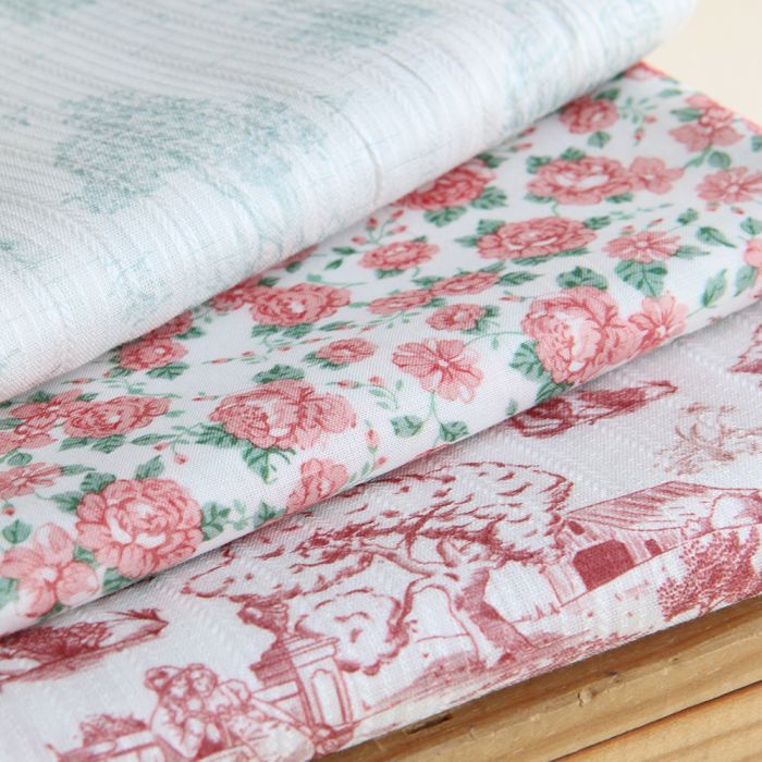 Bertille - Tissu coton texturé imprimé toile de Jouy coloris jade