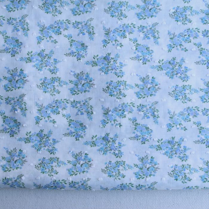 Plumetis de coton BIO petit motif fleuri bleu turquoise