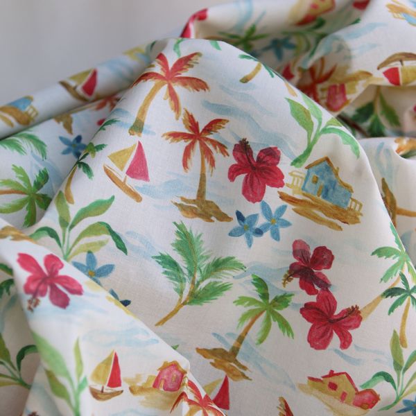 Batiste de coton BIO douce fond écru motif vacances sous les cocotiers