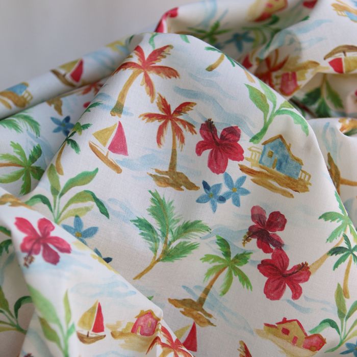Batiste de coton BIO douce fond écru motif vacances sous les cocotiers