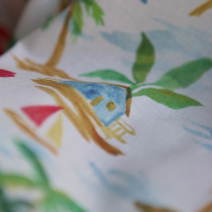 Batiste de coton BIO douce fond écru motif vacances sous les cocotiers
