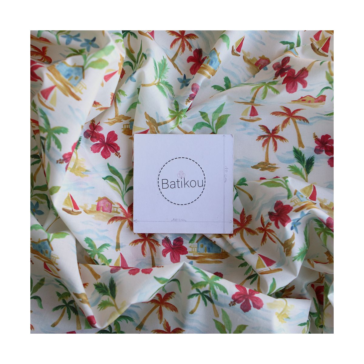 Batiste de coton BIO douce fond écru motif vacances sous les cocotiers