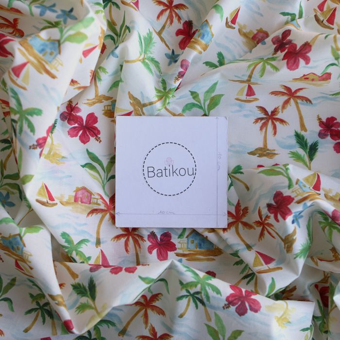 Batiste de coton BIO douce fond écru motif vacances sous les cocotiers