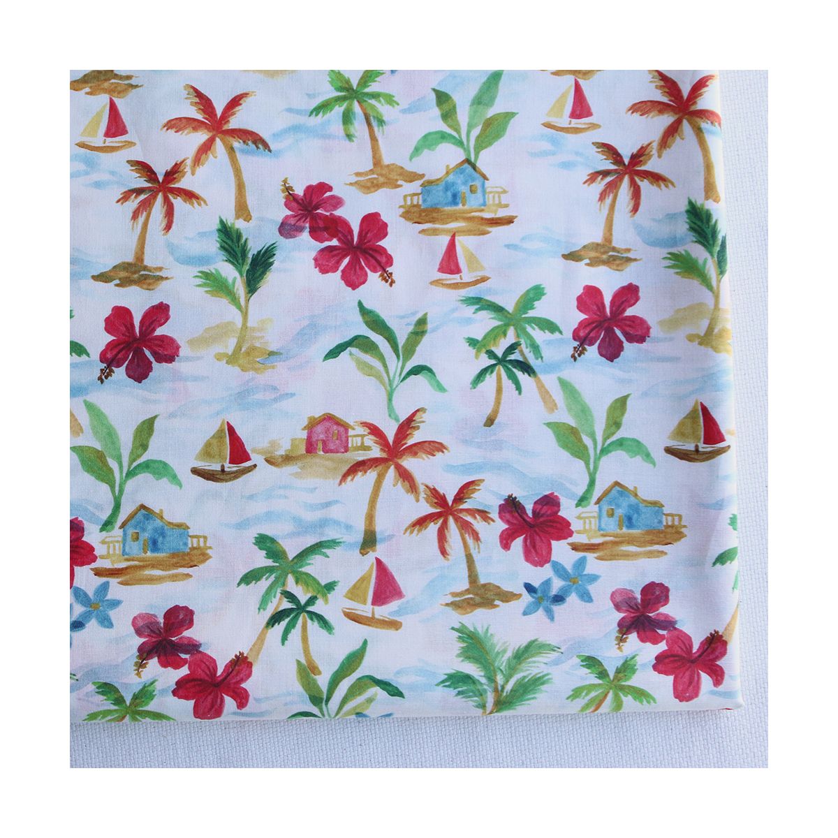 Batiste de coton BIO douce fond écru motif vacances sous les cocotiers