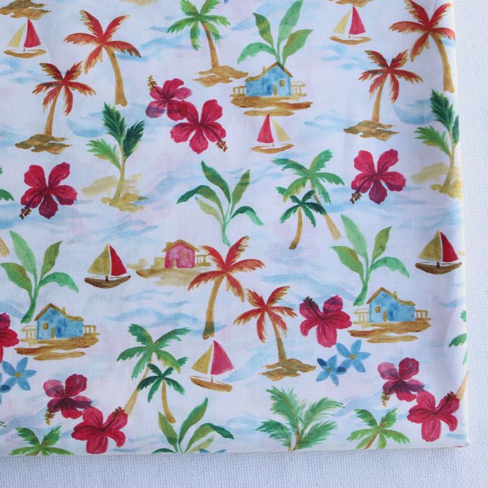 Batiste de coton BIO douce fond écru motif vacances sous les cocotiers