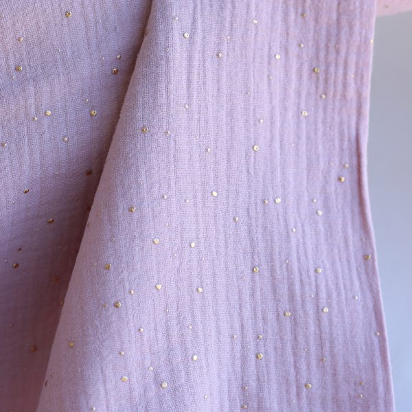 Double gaze de coton pois dorés fond vieux rose