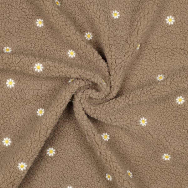 Teddy / moumoute bouclé fond taupe broderies pâquerettes