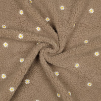 Teddy / moumoute bouclé fond taupe broderies pâquerettes