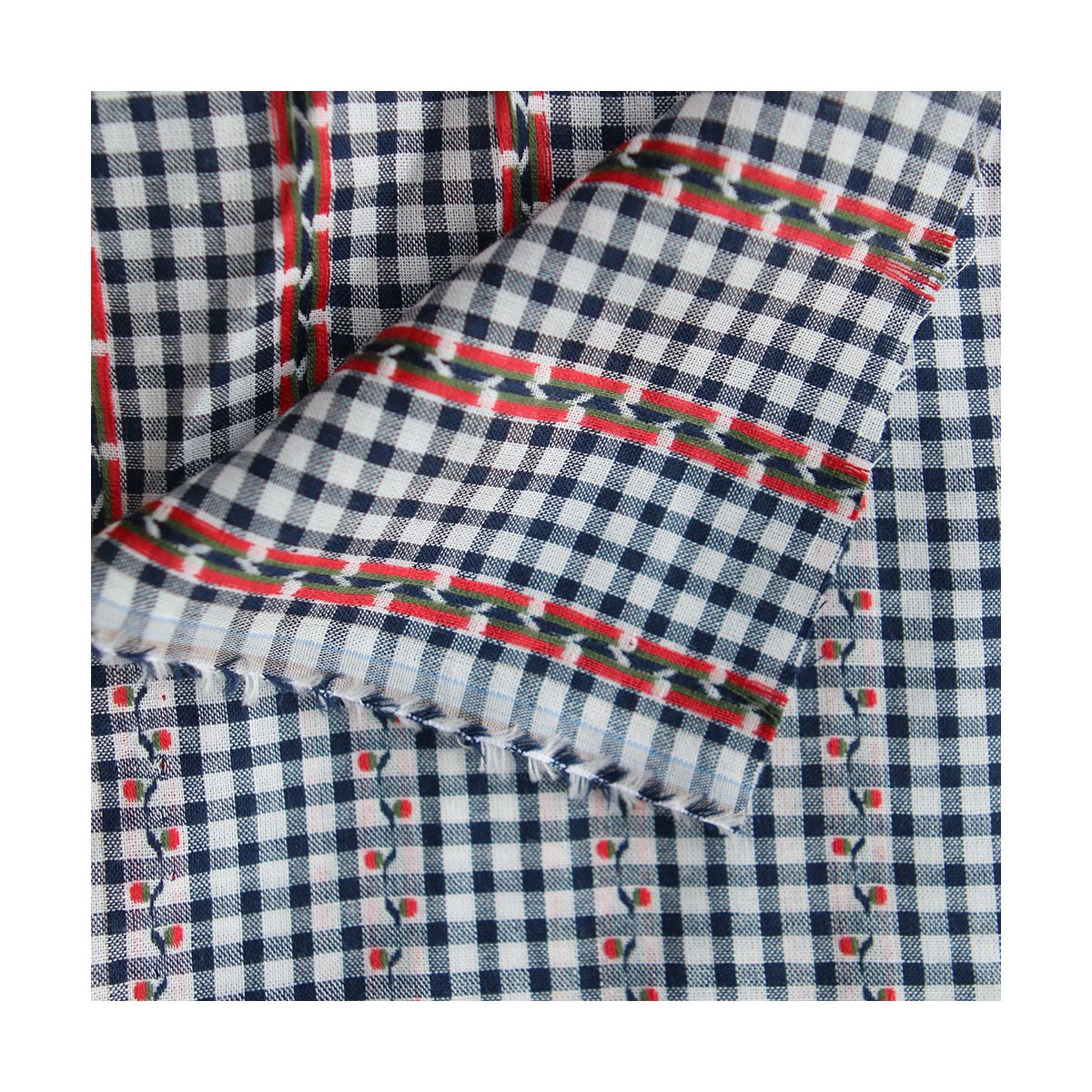 Isabeau - Tissu coton vichy jacquard avec petites fleurs rouges