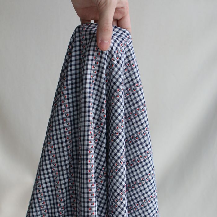 Isabeau - Tissu coton vichy jacquard avec petites fleurs rouges