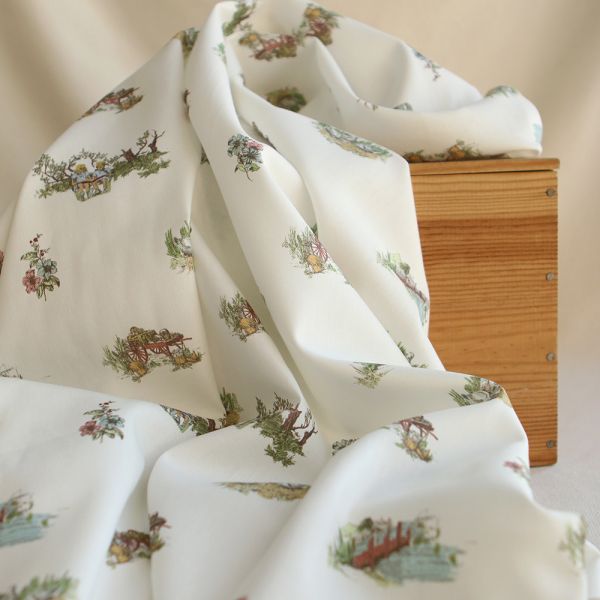 Geneviève - Tissu sergé / twill de coton organique imprimé toile jouy colorée