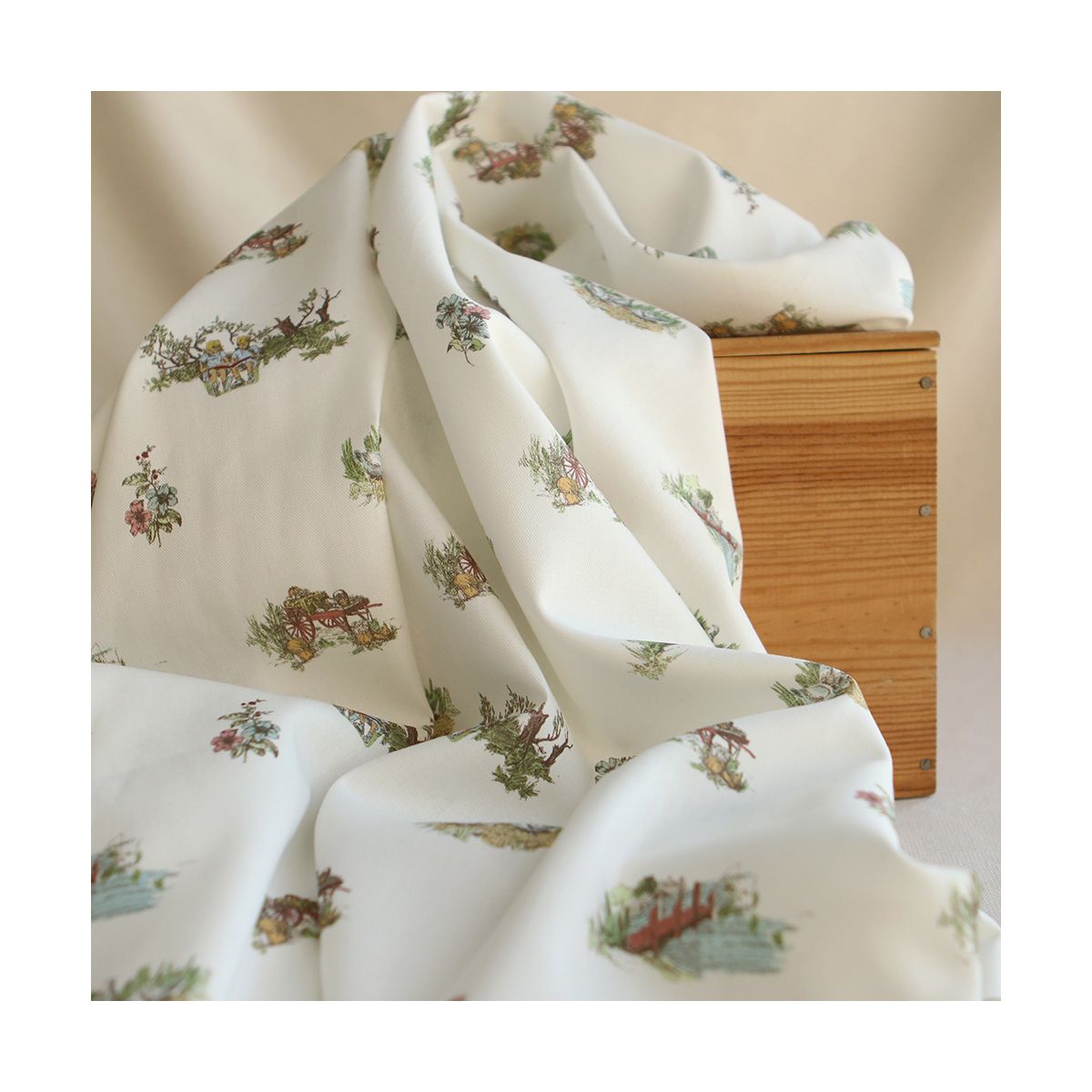 Geneviève - Tissu sergé / twill de coton organique imprimé toile jouy colorée