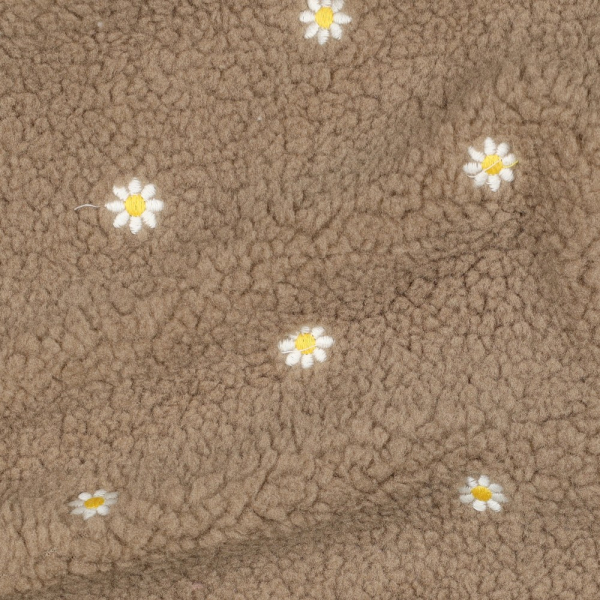 Teddy / moumoute bouclé fond taupe broderies pâquerettes 2