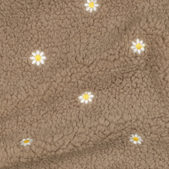 Teddy / moumoute bouclé fond taupe broderies pâquerettes