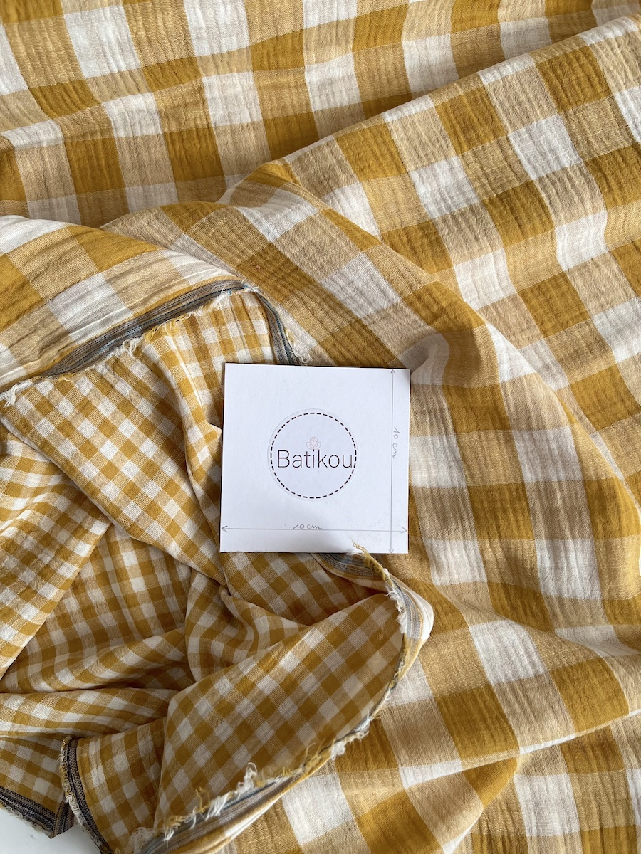 Double gaze de coton vichy réversible Moutarde / blanc Qualité Oeko-tex - 4