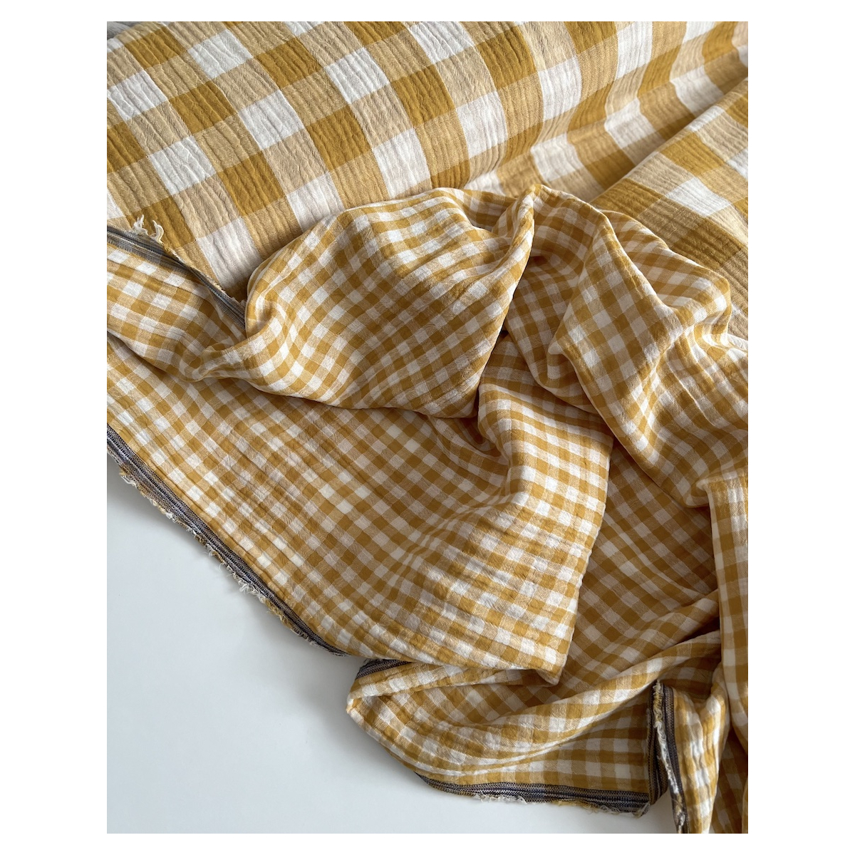 Double gaze de coton vichy réversible Moutarde / blanc Qualité Oeko-tex - 5