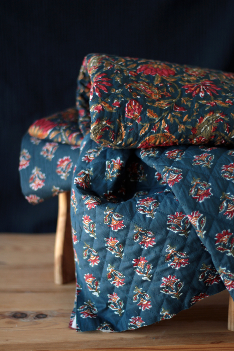 Tissu indien coton hand block traditionnel bleu marine Batikou - 7