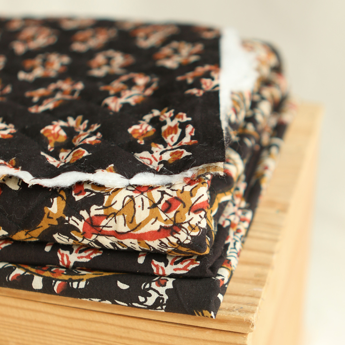 Kajal - Tissu indien matelassé double face coton hand block teal largeur 100cm
