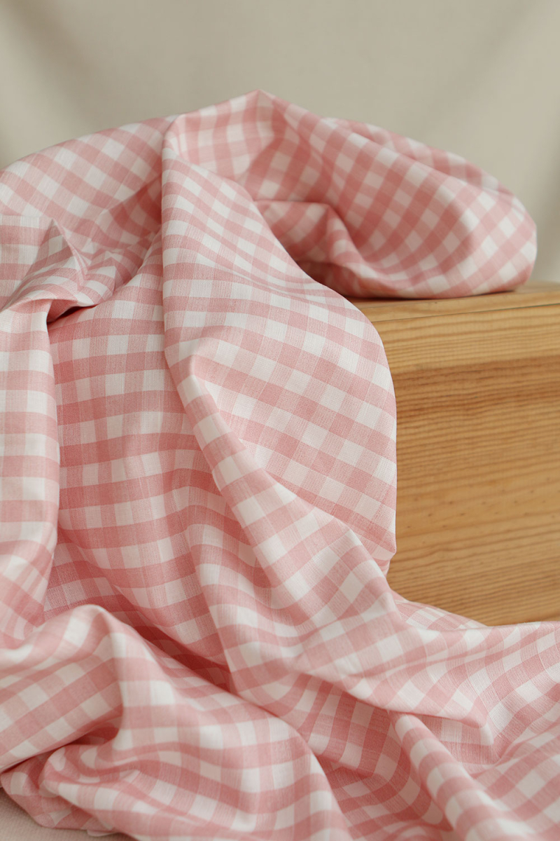 Victor - Tissu lin coton vichy 7mm blanc lait et rose blush