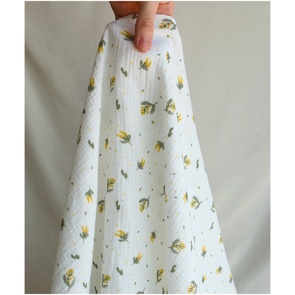Mimosa - Double gaze coton BIO Exclusif blanc motif mimosa allégé