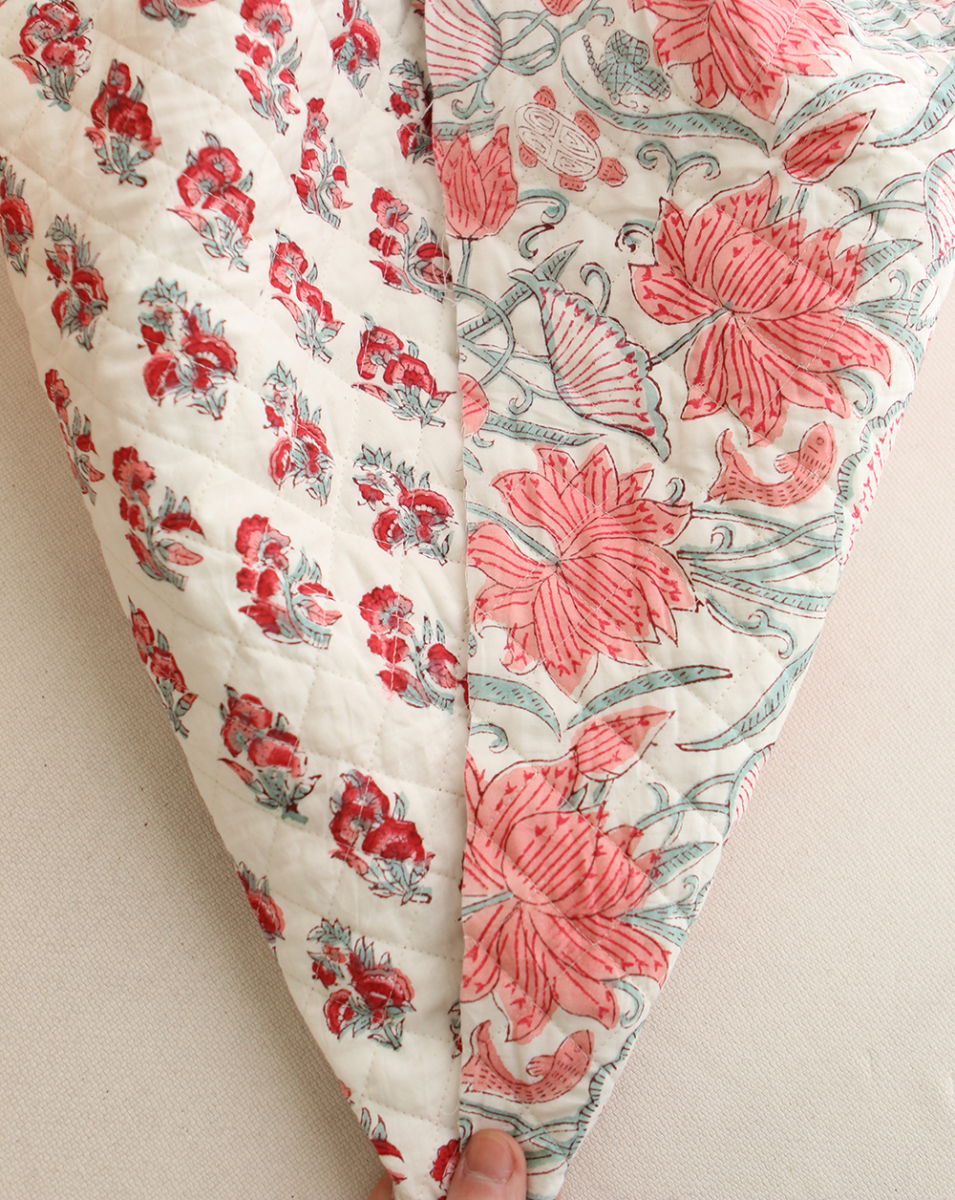 Yamini - Tissu indien matelassé double face coton hand block teal largeur 100cm