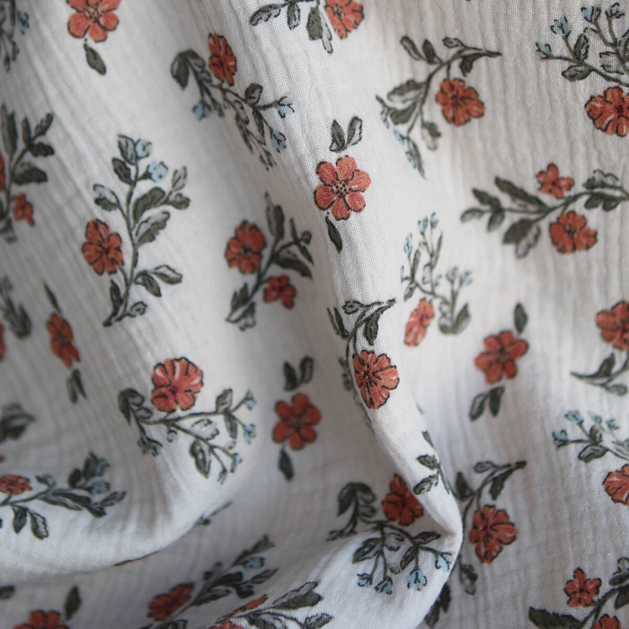 Lina - Double gaze de coton fond crème motif fleuri