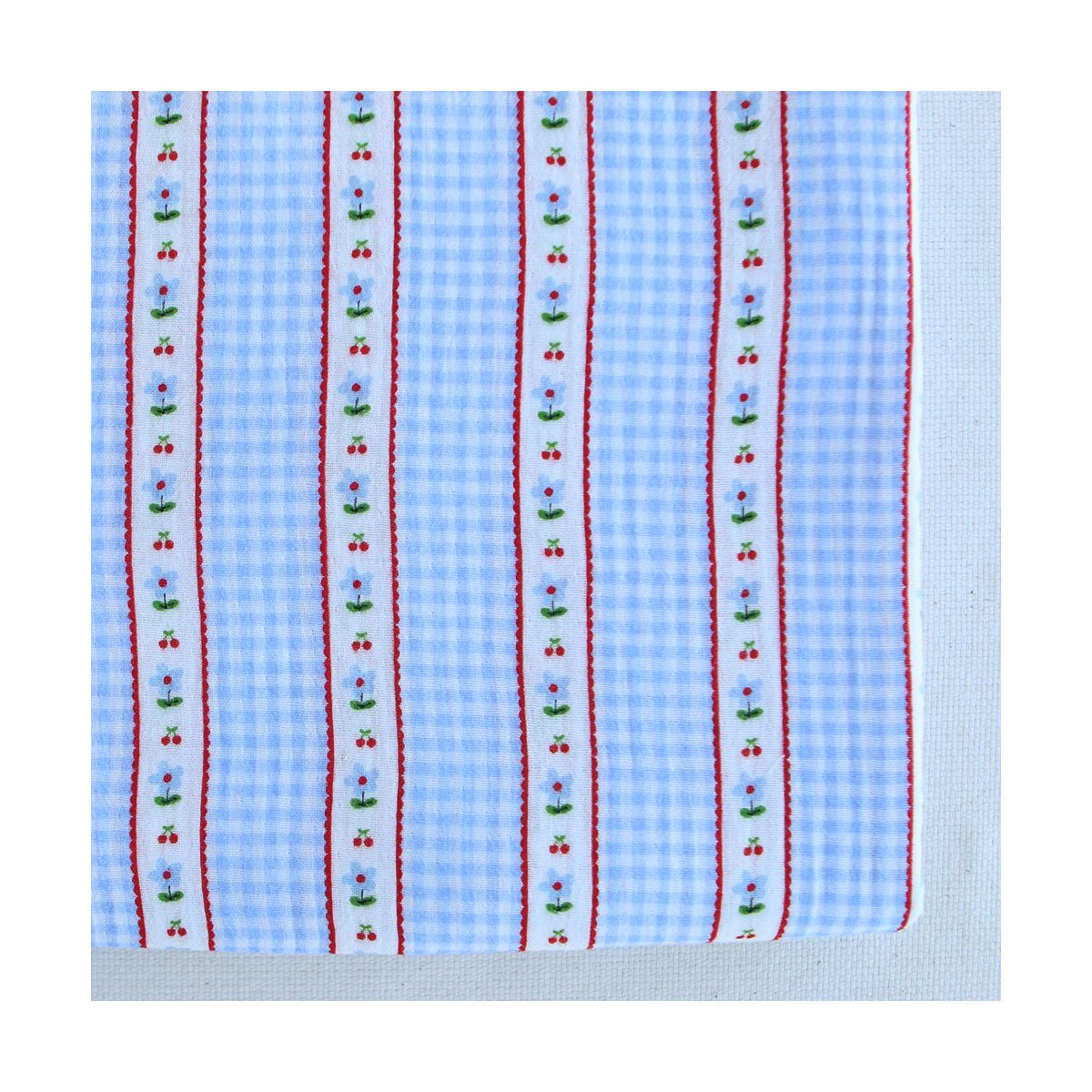 Emilia - Double gaze de coton motif vichy cerise et fleur