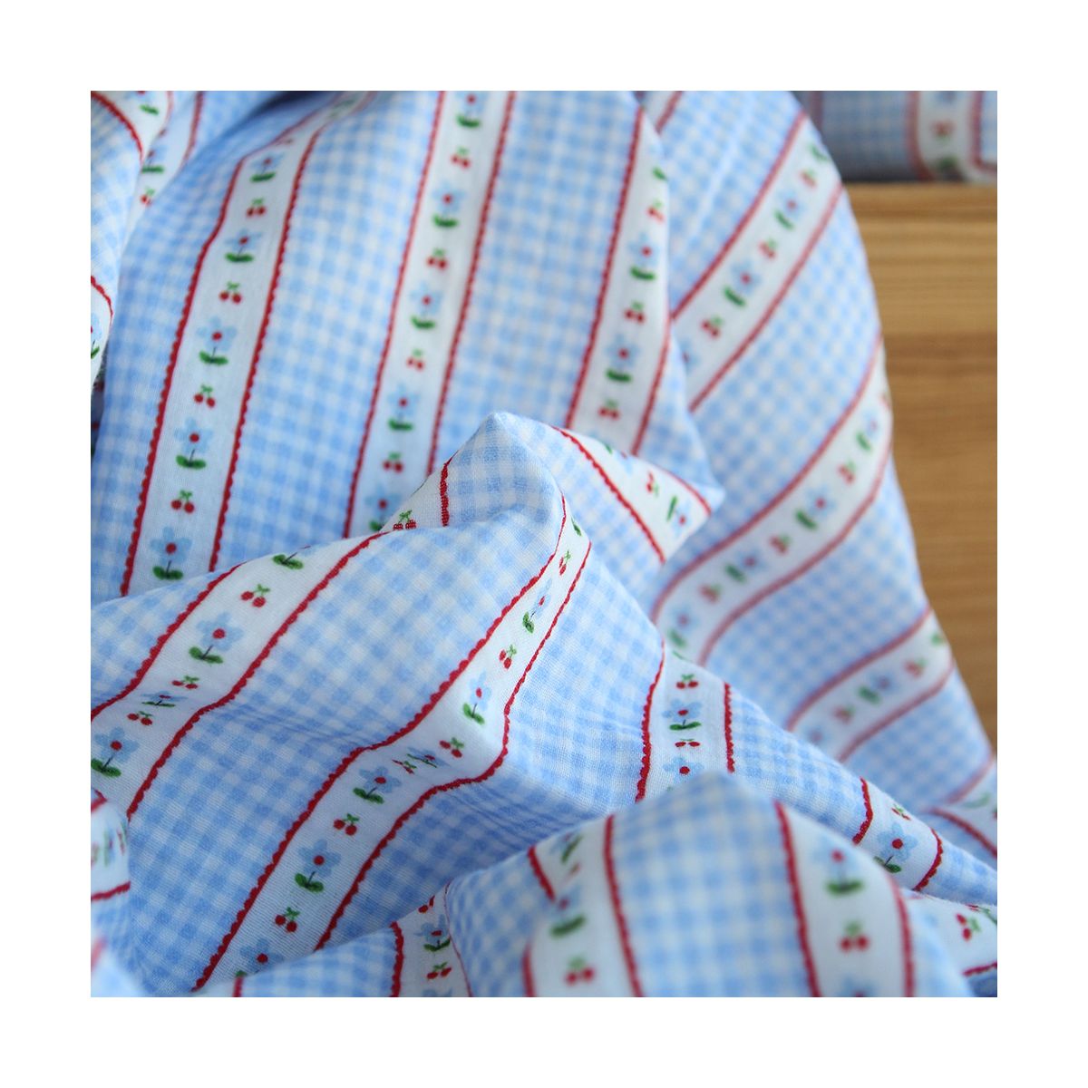 Emilia - Double gaze de coton motif vichy cerise et fleur